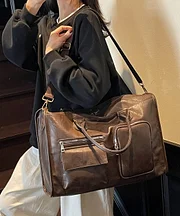 Brown faux leather handbag with a smiley face decoration, large capacity, handmade.