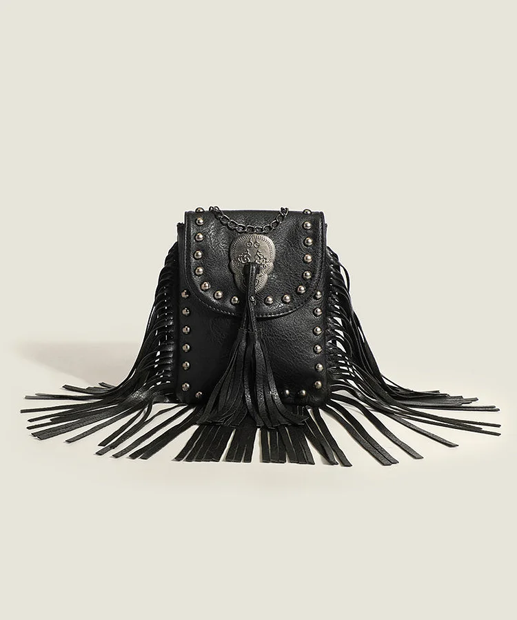 Brown faux leather crossbody bag with studs and tassels, fashionable