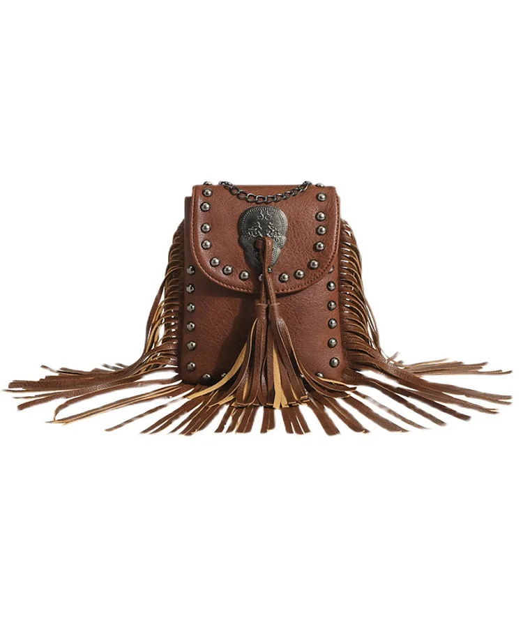 Brown faux leather crossbody bag with studs and tassels, fashionable