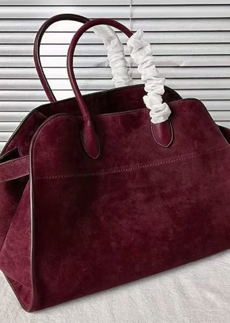 Large capacity burgundy suede handbag, fashionable.