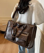 Brown faux leather handbag with a smiley face decoration, large capacity, handmade.