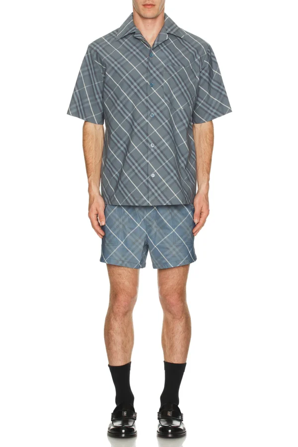 "Everyday Cool" Blue Gray Plaid Shirt & Shorts Set
