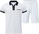 Mens Short Sleeve Casual Polo Shirt and Shorts Sets Lightweight Tropical Holiday Quick Dry Flap Pocket T Shirts Linen V Neck Stitching Stars Funky Modern Fit Dress Shirt for Men.