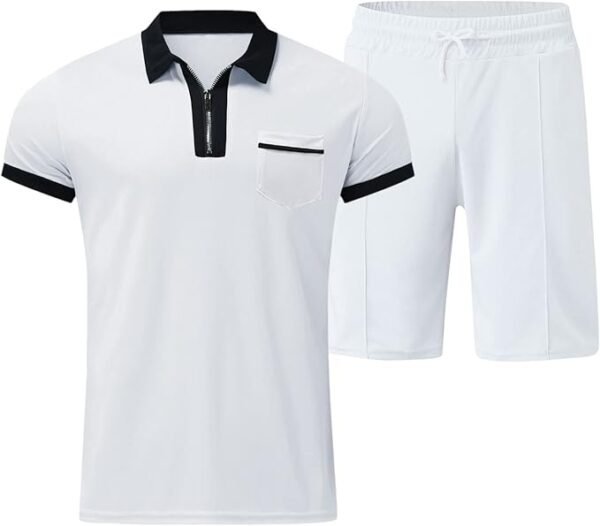Mens Short Sleeve Casual Polo Shirt and Shorts Sets Lightweight Tropical Holiday Quick Dry Flap Pocket T Shirts Linen V Neck Stitching Stars Funky Modern Fit Dress Shirt for Men. - Image 4