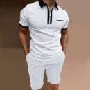 Mens Short Sleeve Casual Polo Shirt and Shorts Sets Lightweight Tropical Holiday Quick Dry Flap Pocket T Shirts Linen V Neck Stitching Stars Funky Modern Fit Dress Shirt for Men.