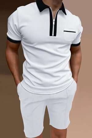 Mens Short Sleeve Casual Polo Shirt and Shorts Sets Lightweight Tropical Holiday Quick Dry Flap Pocket T Shirts Linen V Neck Stitching Stars Funky Modern Fit Dress Shirt for Men.
