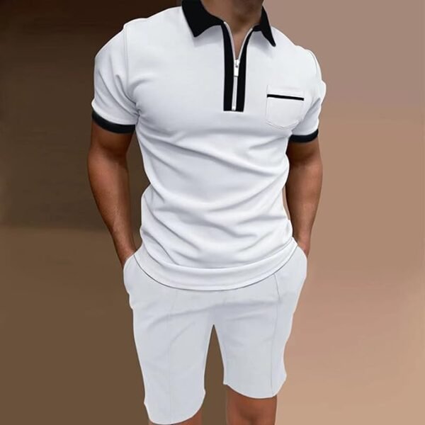 Mens Short Sleeve Casual Polo Shirt and Shorts Sets Lightweight Tropical Holiday Quick Dry Flap Pocket T Shirts Linen V Neck Stitching Stars Funky Modern Fit Dress Shirt for Men.