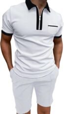 Mens Short Sleeve Casual Polo Shirt and Shorts Sets Lightweight Tropical Holiday Quick Dry Flap Pocket T Shirts Linen V Neck Stitching Stars Funky Modern Fit Dress Shirt for Men.